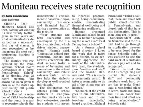 Moniteau receives state recognition news clipping