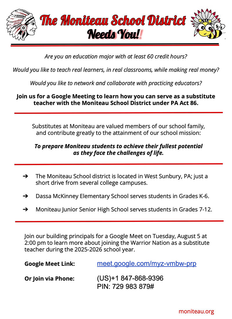 The Moniteau School District Needs You! flyer