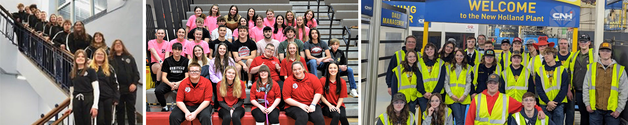 Photo collage of students on stairs, in the gym, and Vo Ag group in yellow jackets